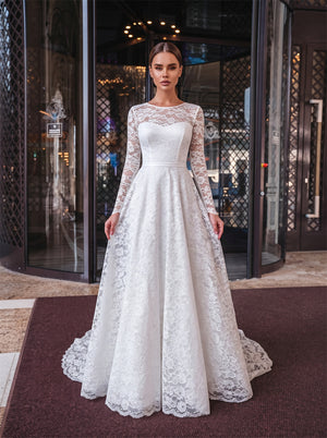 Long Sleeve Full Lace Wedding Dress Round Neck V Back Button Belted Classic A Line Formal Bridal Dress