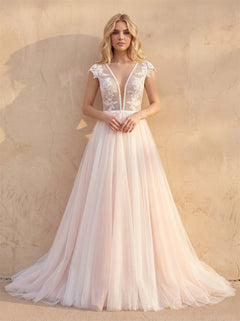 Cap Sleeve Lace Tulle Wedding Dress Deep V Open Back Pearl Button A Line Long Train Blush Bridal Dress