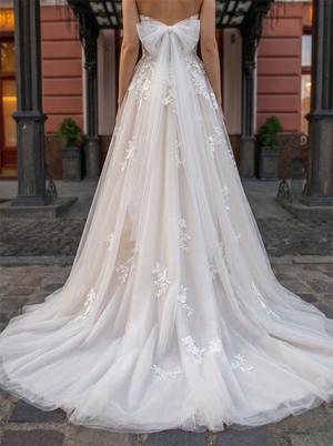 Strapless Floral Lace Blush Tulle Wedding Dress Detachable Bow Back A Line Gown