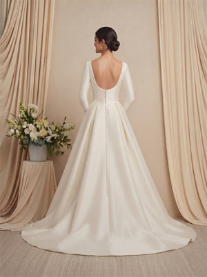 Long Sleeve Square Neck Satin Wedding Dress Low Back Button Classic A Line Elegant Formal Bridal Dress