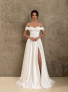 Off Shoulder Thin Strap Pearl Trim High Slit Gloss Satin A Line Wedding Dress Bridal Dress
