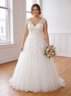 Plus Size Cap Sleeve Lace Tulle A Line Wedding Dress V Neck Corset Lace Up Back Soft Bridal Gown