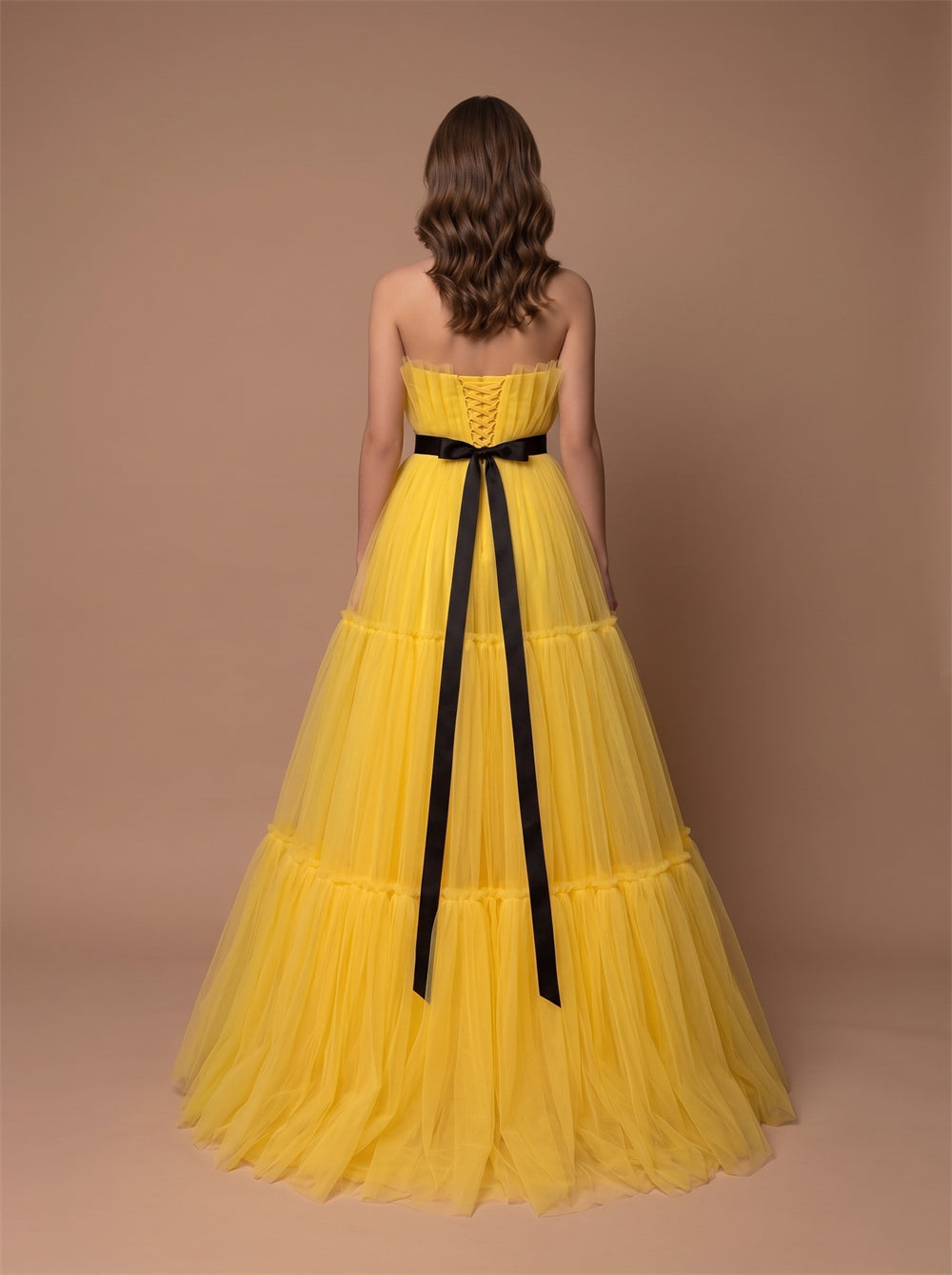 Vibrant Yellow Tiered Tulle Formal Dress With Strapless Neck & Crisscross Corset Back Black Ribbon Belt