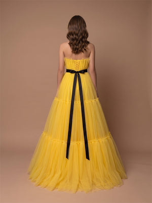 Vibrant Yellow Tiered Tulle Formal Dress With Strapless Neck & Crisscross Corset Back Black Ribbon Belt