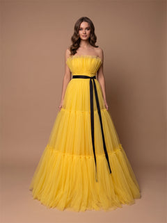 Vibrant Yellow Tiered Tulle Formal Dress With Strapless Neck & Crisscross Corset Back Black Ribbon Belt