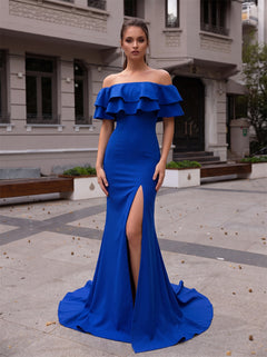Off The Shoulder Ruffle Royal Blue Mermaid Prom Dress High Slit Evening Gown With Train