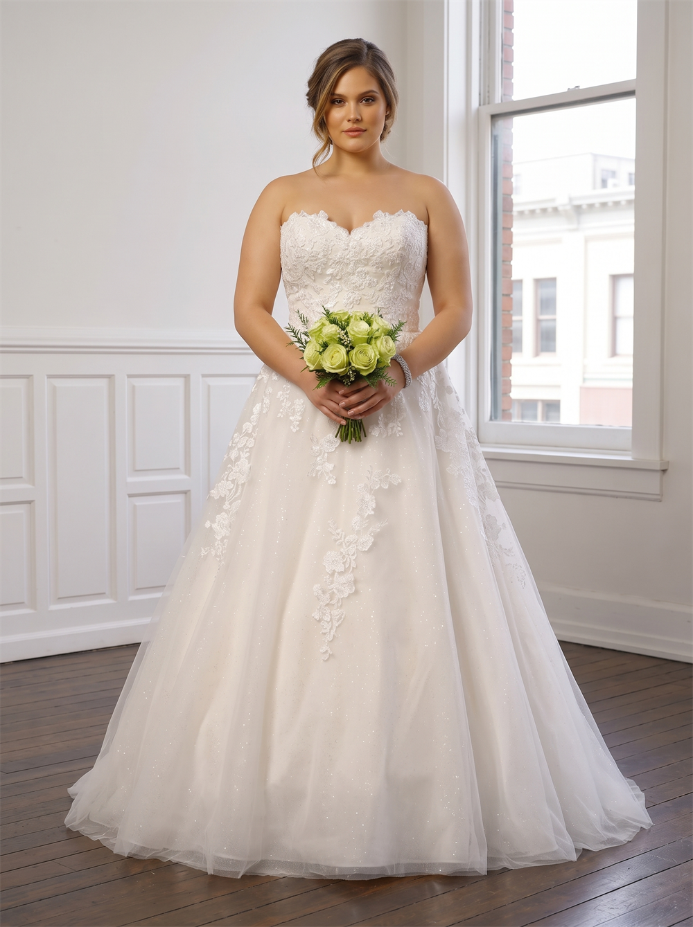 Plus Size Strapless Sweetheart Glitter Tulle Ball Gown Wedding Dress Floral Lace Bodice Corset Lace Up BackBridal Gown