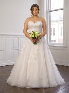 Plus Size Strapless Sweetheart Glitter Tulle Ball Gown Wedding Dress Floral Lace Bodice Corset Lace Up BackBridal Gown