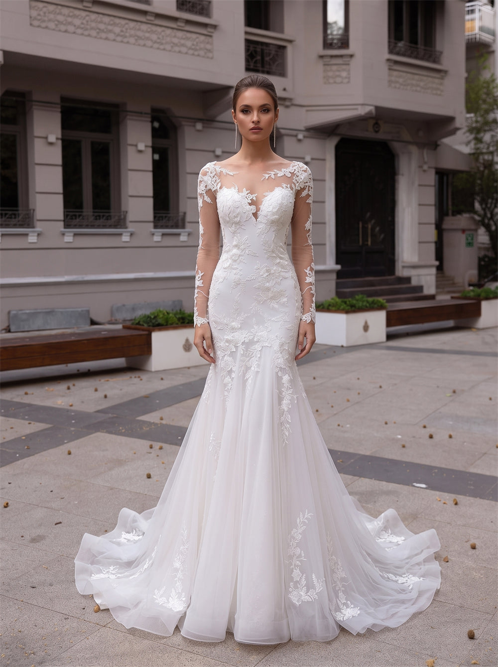 Long Sleeve Floral Lace Mermaid Wedding Dress Illusion Neck Illusion Back Button Tulle Bridal Gown