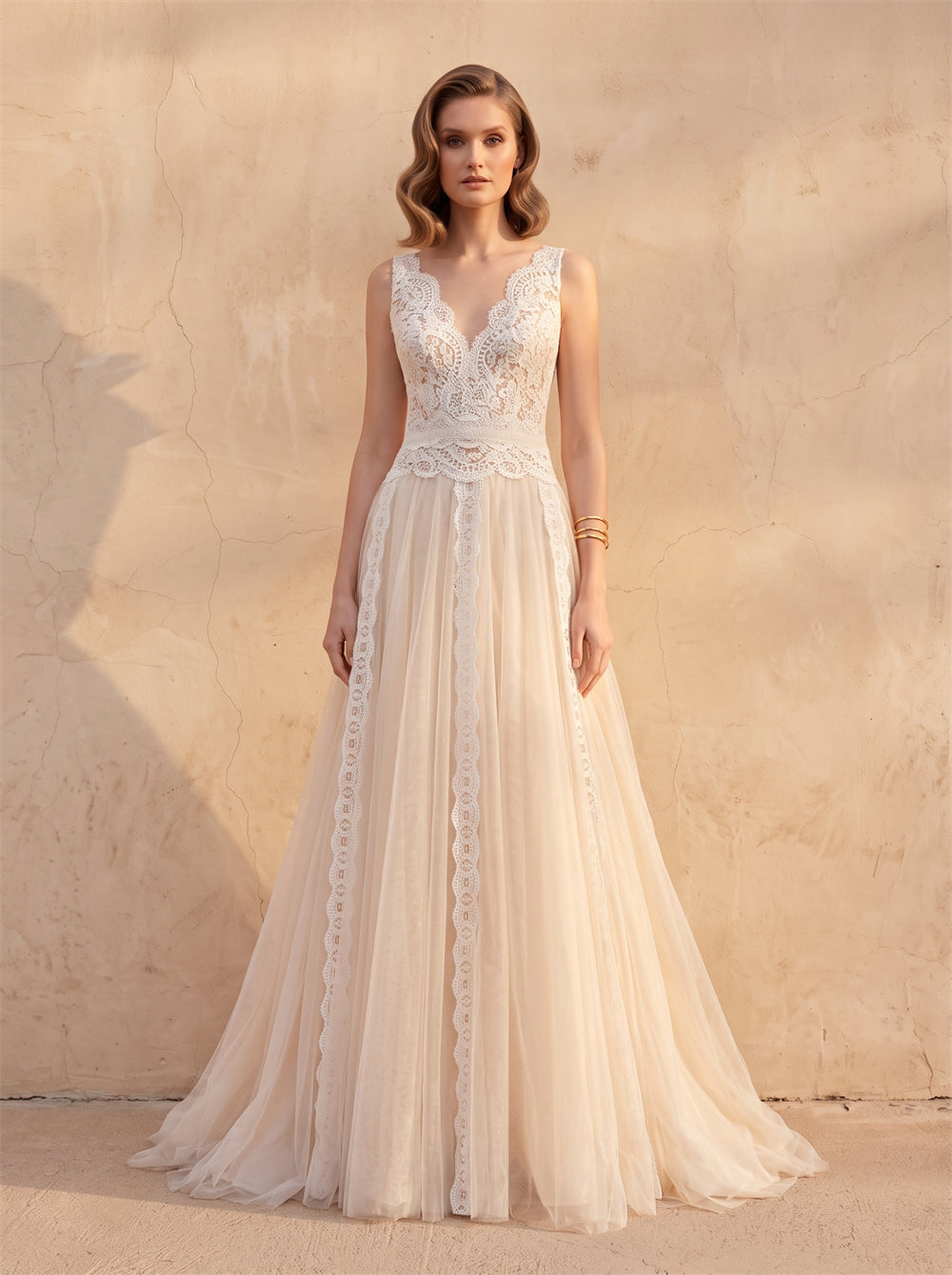 Wedding Dress Sleeveless V Lace Bodice Low V Pearl Back Blush Tulle A Line Train Bridal Gown
