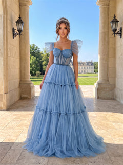 Cap Sleeve Beaded Corset Tiered Soft Tulle A Line Prom Evening Dress