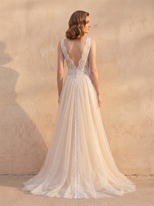 Wedding Dress Sleeveless V Lace Bodice Low V Pearl Back Blush Tulle A Line Train Bridal Gown