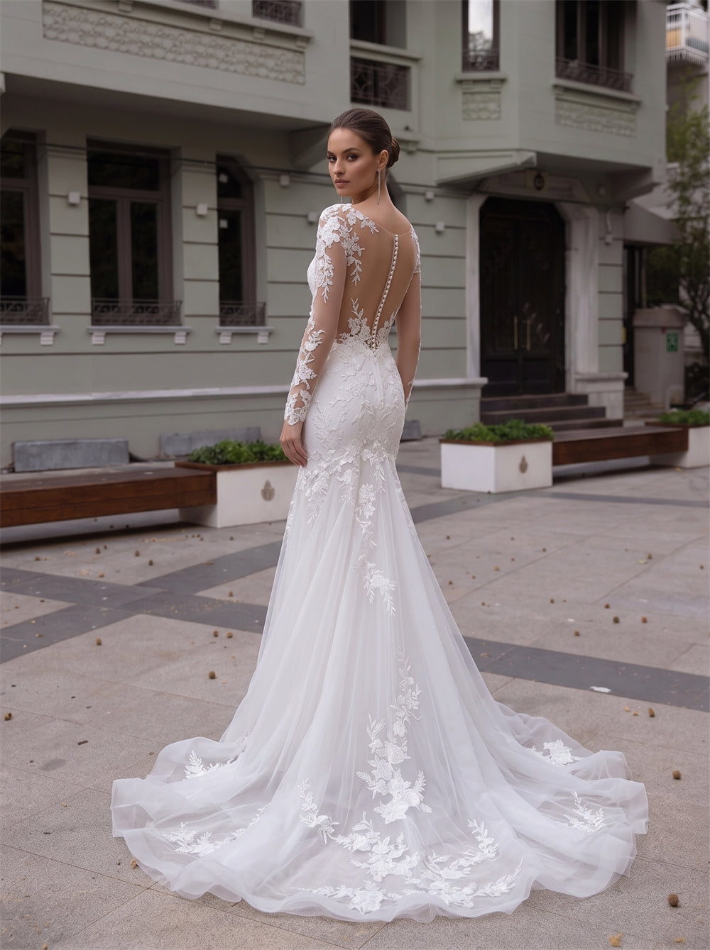 Long Sleeve Floral Lace Mermaid Wedding Dress Illusion Neck Illusion Back Button Tulle Bridal Gown