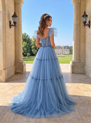 Cap Sleeve Beaded Corset Tiered Soft Tulle A Line Prom Evening Dress