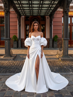 Detachable Off The Shoulder Puff Sleeve Slit Satin Wedding Dress Lace-Up Corset Back Two Pieces Bridal Gown