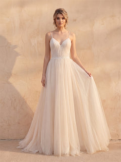 Minimalist Blush Tulle Wedding Dress With Pleated Lace Spaghetti Strap & Corset Back