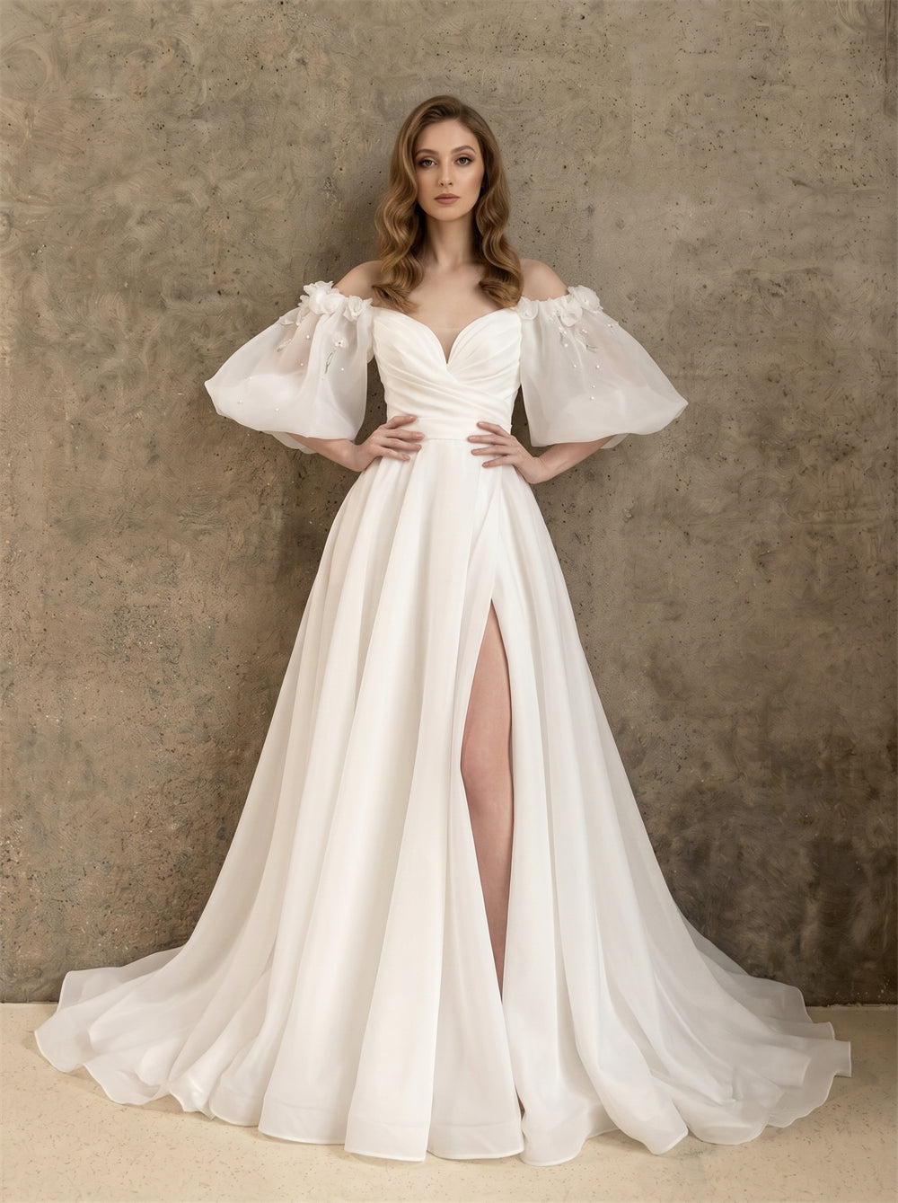 Off Shoulder Bubble Puff Sleeve 3D Floral Applique Soft Organza High Slit Wedding Dress Bridal Dress