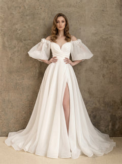 Off Shoulder Bubble Puff Sleeve 3D Floral Applique Soft Organza High Slit Wedding Dress Bridal Dress