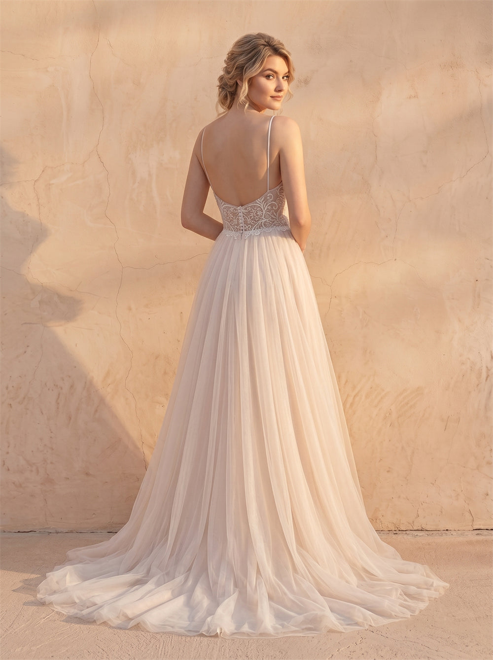 Minimalist Blush Tulle Wedding Dress With Pleated Lace Spaghetti Strap & Corset Back