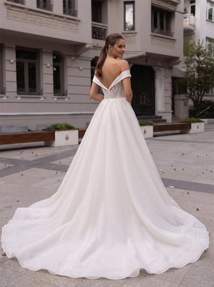 Off The Shoulder Deep V Lace Tulle Wedding Dress Low Open Back Bridal Gown