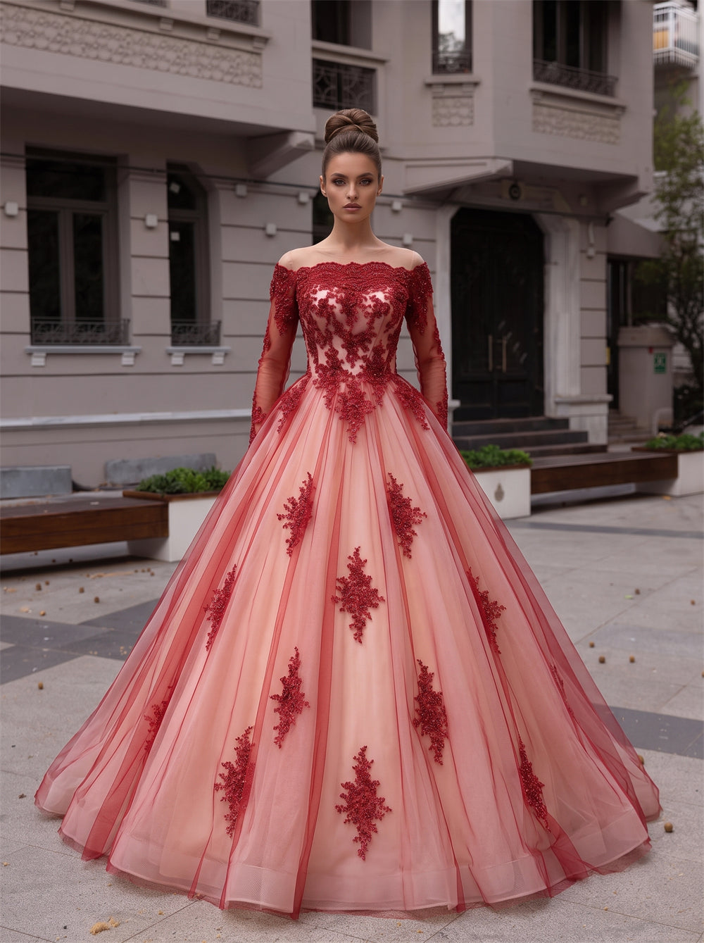Off The Shoulder Long Sleeve Burgundy Lace Ball Gown Quinceanera Dress Corset Back Tulle Evening Gown