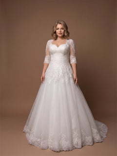 Plus Size Curvy Wedding Dress With Floral Lace Three Quarter Sleeves & Lace-Up Keyhole Back