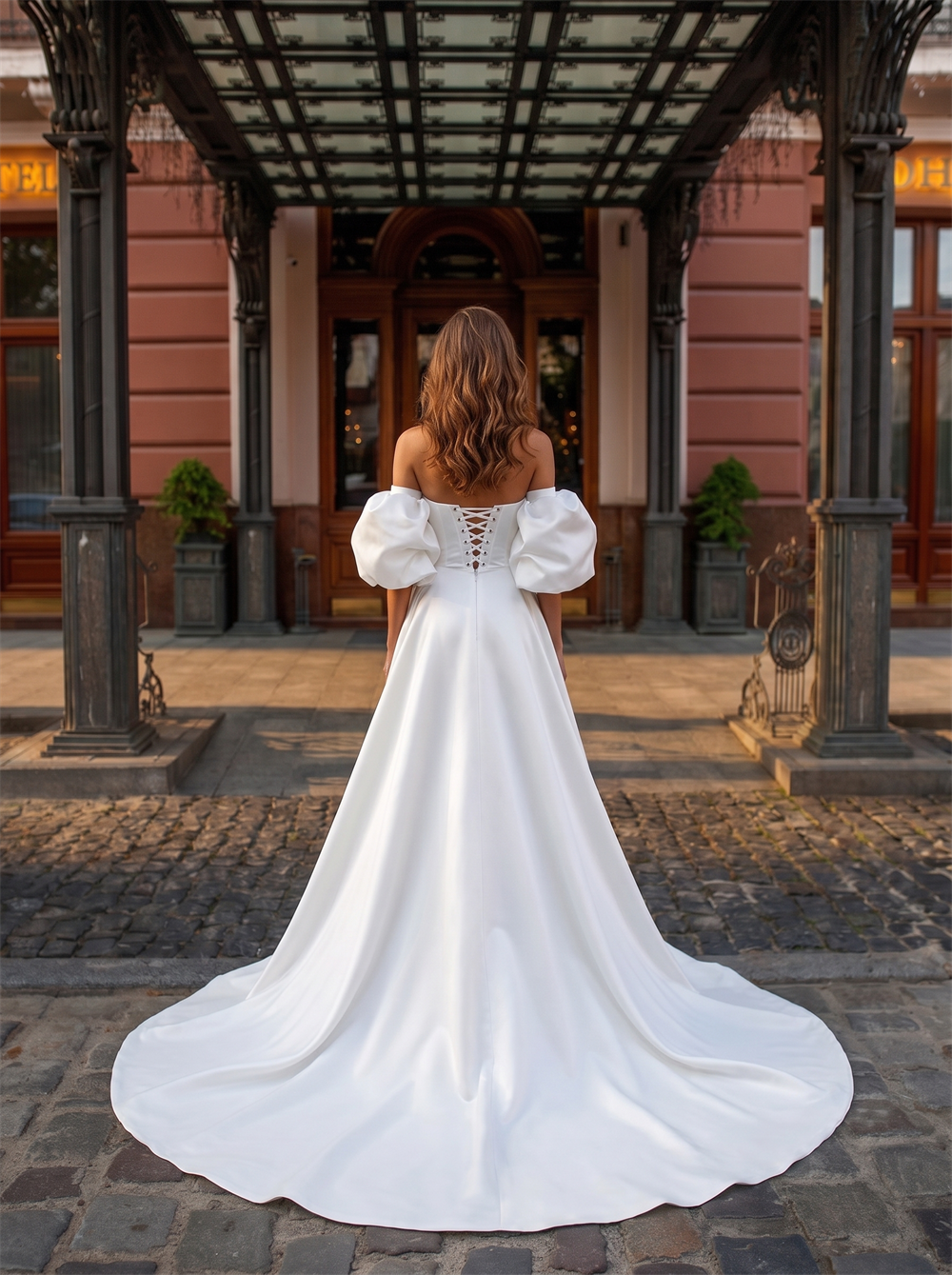 Detachable Off The Shoulder Puff Sleeve Slit Satin Wedding Dress Lace-Up Corset Back Two Pieces Bridal Gown