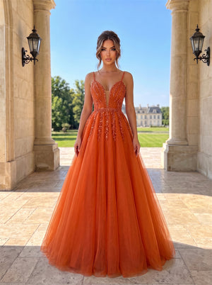 Thin Spaghetti Strap Plunging V Sparkle Beaded Soft Tulle A Line Prom Dress