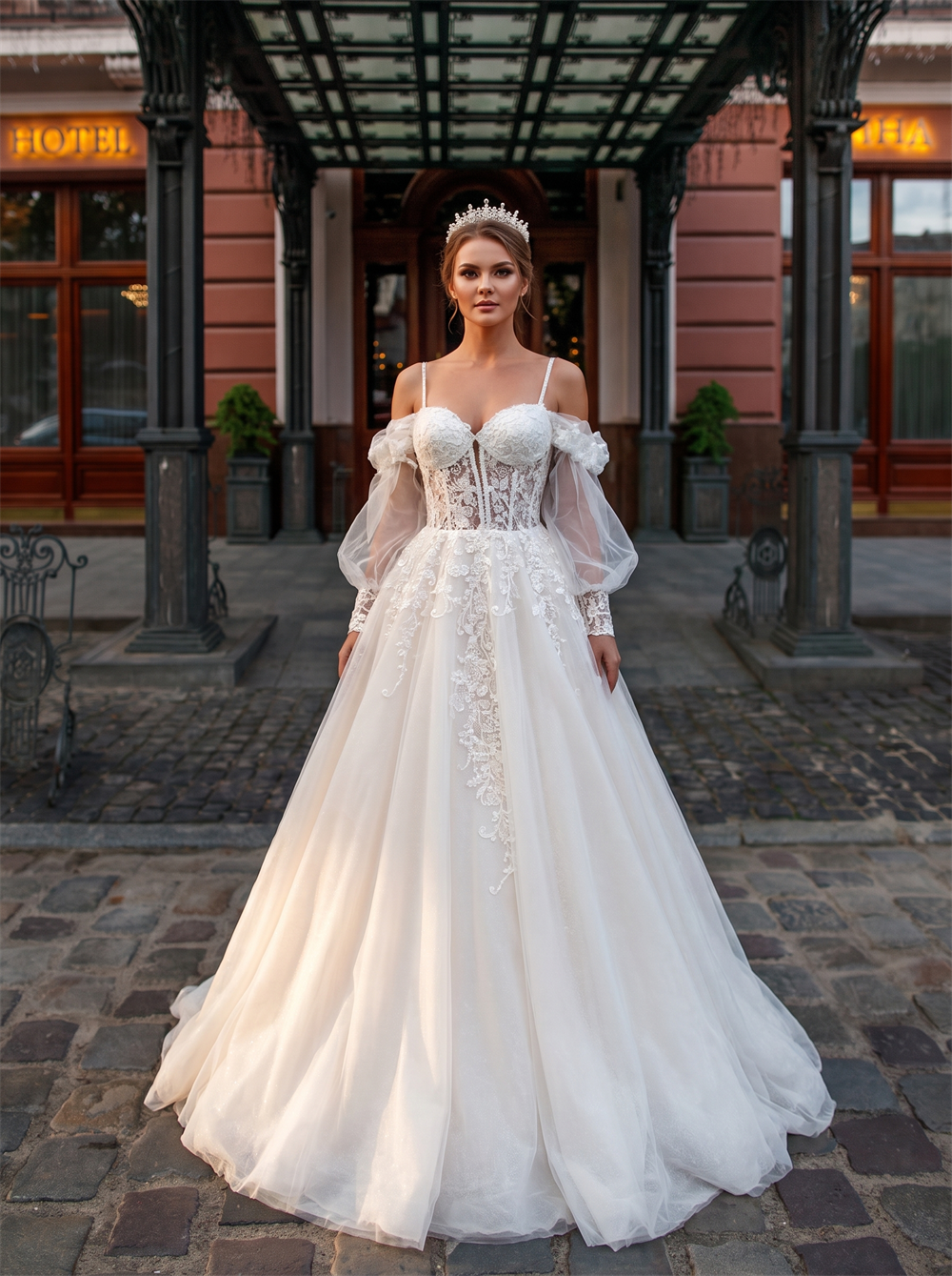 Spaghetti Strap Detachable Off Shoulder Puff Long Sleeve Floral Lace Corset Tulle Ball Gown Wedding Dress Bridal Gown
