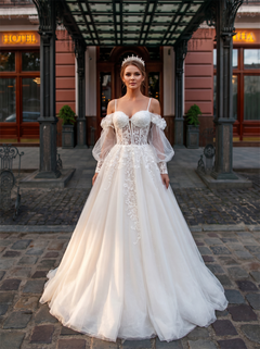 Spaghetti Strap Detachable Off Shoulder Puff Long Sleeve Floral Lace Corset Tulle Ball Gown Wedding Dress Bridal Gown