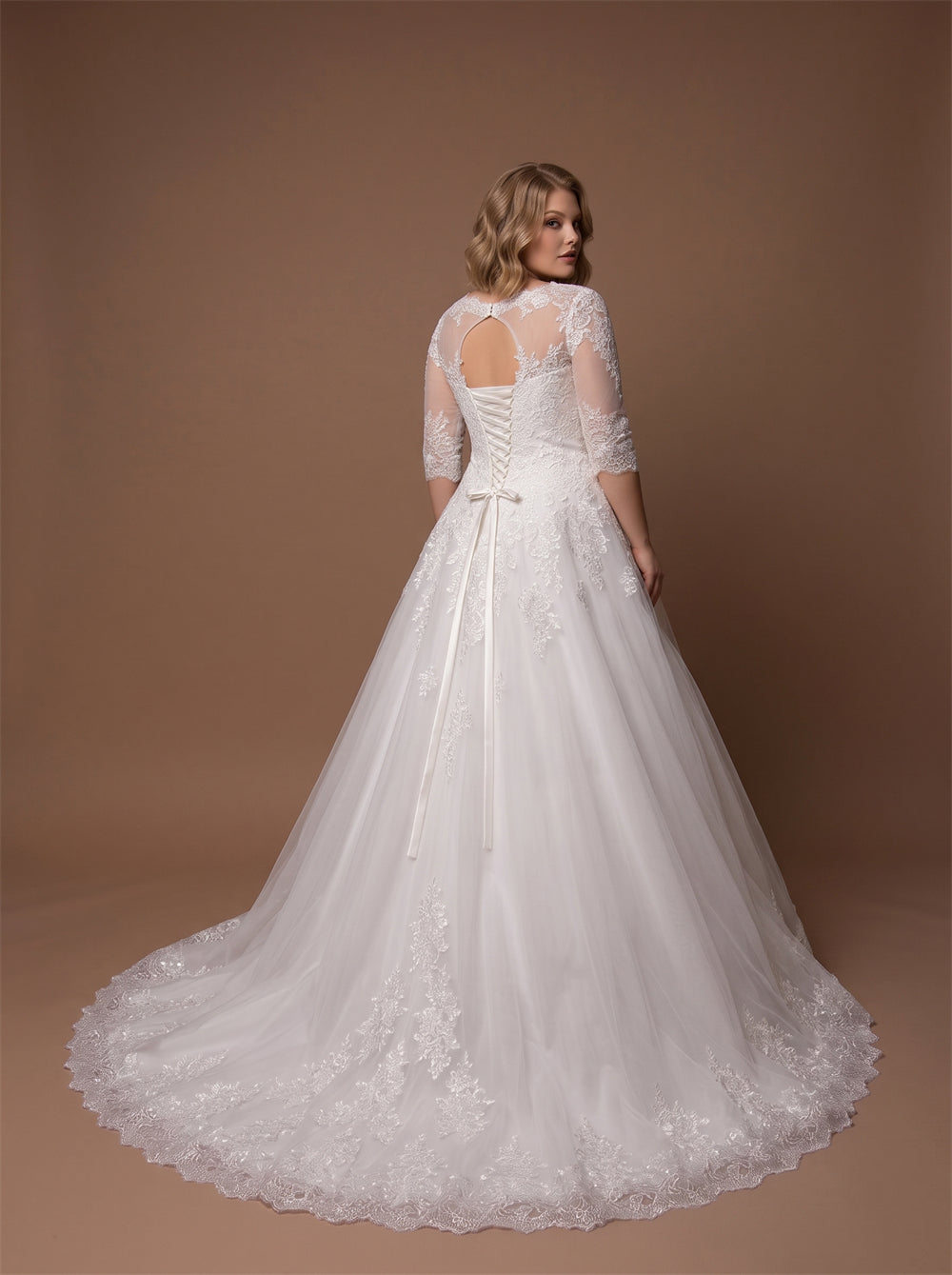 Plus Size Curvy Wedding Dress With Floral Lace Three Quarter Sleeves & Lace-Up Keyhole Back