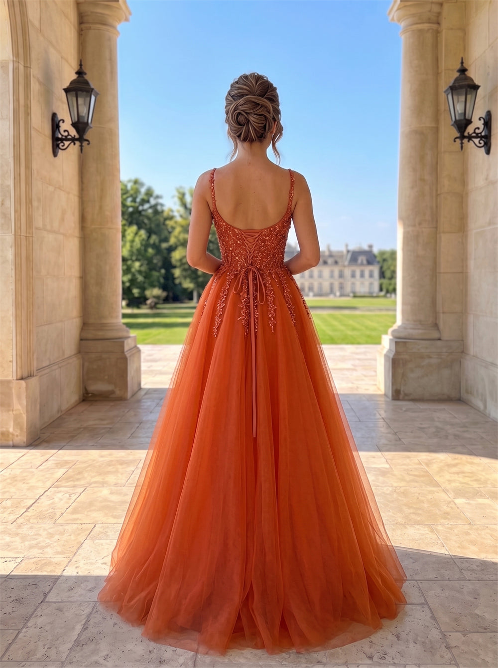 Thin Spaghetti Strap Plunging V Sparkle Beaded Soft Tulle A Line Prom Dress