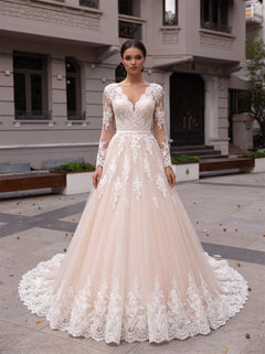 Long Sleeve V Neck Lace Champagne Tulle Wedding Dress Low V Back Ball Gowns Bridal Gown