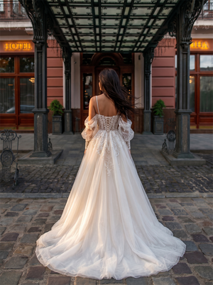 Spaghetti Strap Detachable Off Shoulder Puff Long Sleeve Floral Lace Corset Tulle Ball Gown Wedding Dress Bridal Gown