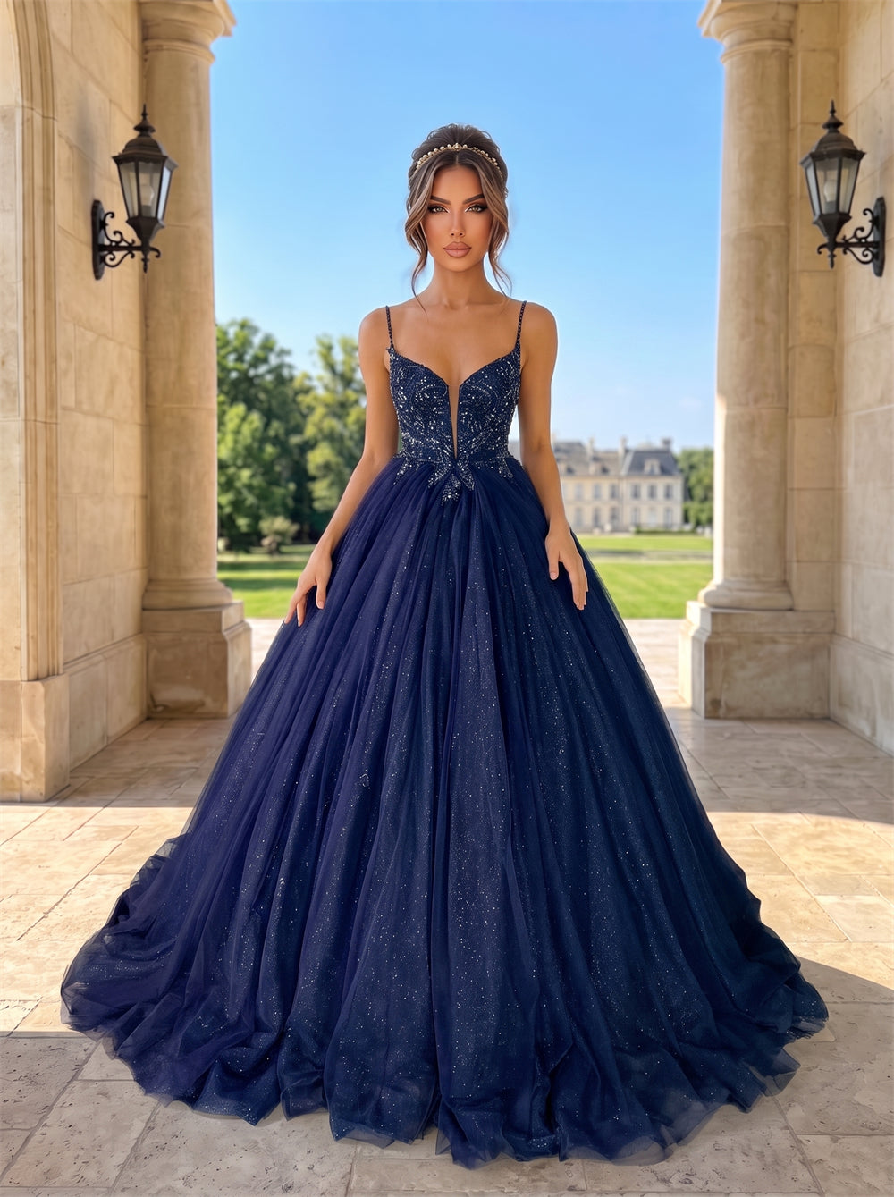 Thin Spaghetti Strap V Neck Crystal Beaded Glitter Tulle Ball Gown Prom Dress