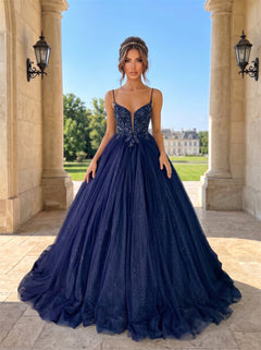 Thin Spaghetti Strap V Neck Crystal Beaded Glitter Tulle Ball Gown Prom Dress