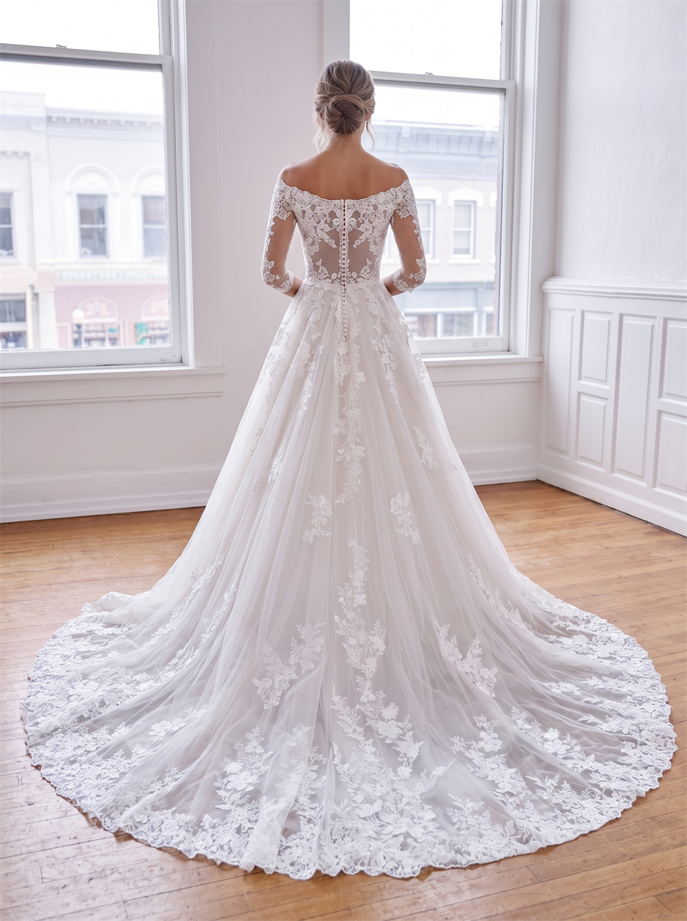 Off The Shoulder 3/4 Sleeve Lace Tulle A Line Wedding Dress Full Floral Lace Bodice Wide Lace Edge Bridal Gown