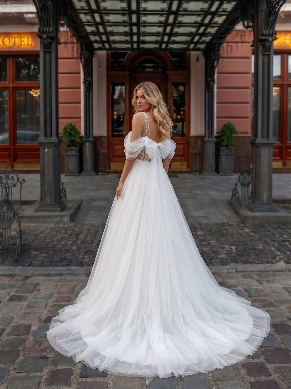 Off The Shoulder Detachable Tulle Bow Sleeves Pearl Beaded Corset Tulle Ball Gown Wedding Dress Bridal Gown