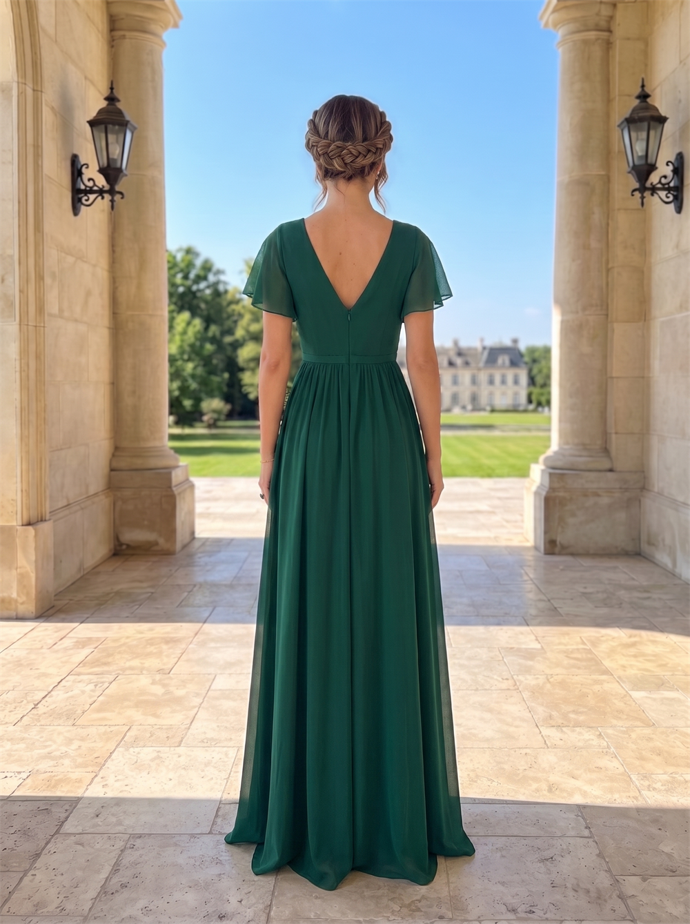 Short Flutter Sleeve Double V Neck Chiffon Bridesmaid Dress High Slit Back Zipper Floor Length Emerald Green Formal Wedding Guest Evening Gown