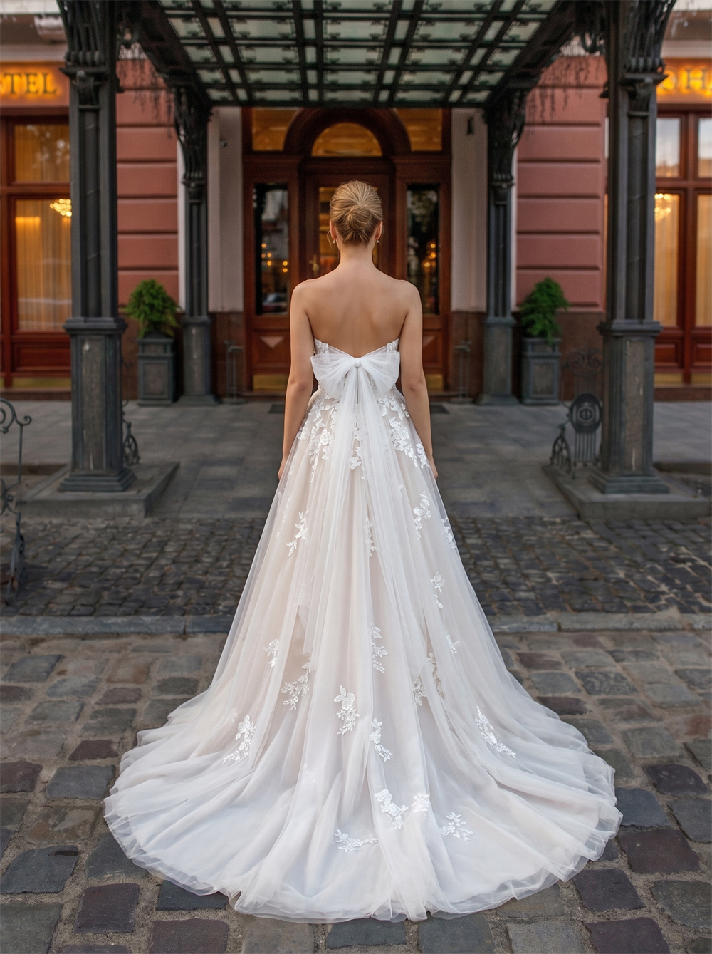 Strapless Floral Lace Blush Tulle Wedding Dress Detachable Bow Back A Line Gown