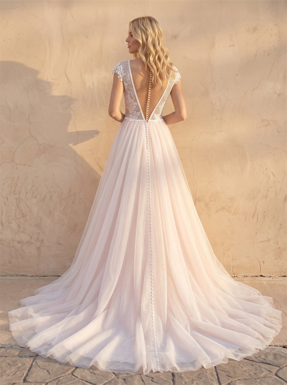 Cap Sleeve Lace Tulle Wedding Dress Deep V Open Back Pearl Button A Line Long Train Blush Bridal Dress