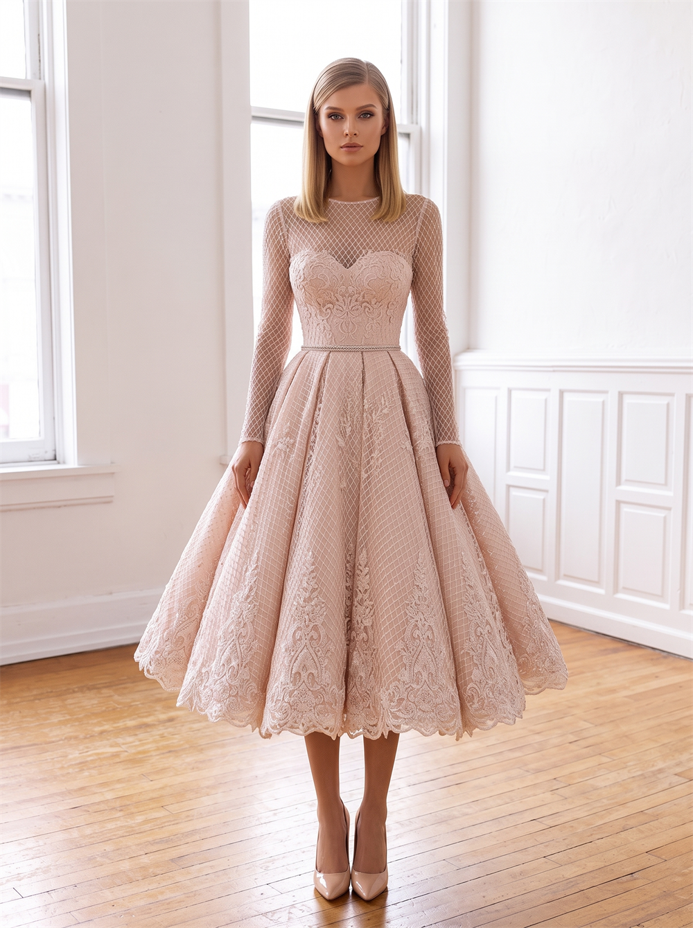 Long Sleeve Illusion Mesh Midi Wedding Guest Dress Blush Lace Tea Length Formal Gown Deep V Back Rhinestone Waist Belt