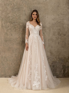 Long Sleeve Lace Champagne Tulle Wedding Dress V Neck Deep V Back Floral Applique A Line Formal Bridal Dress