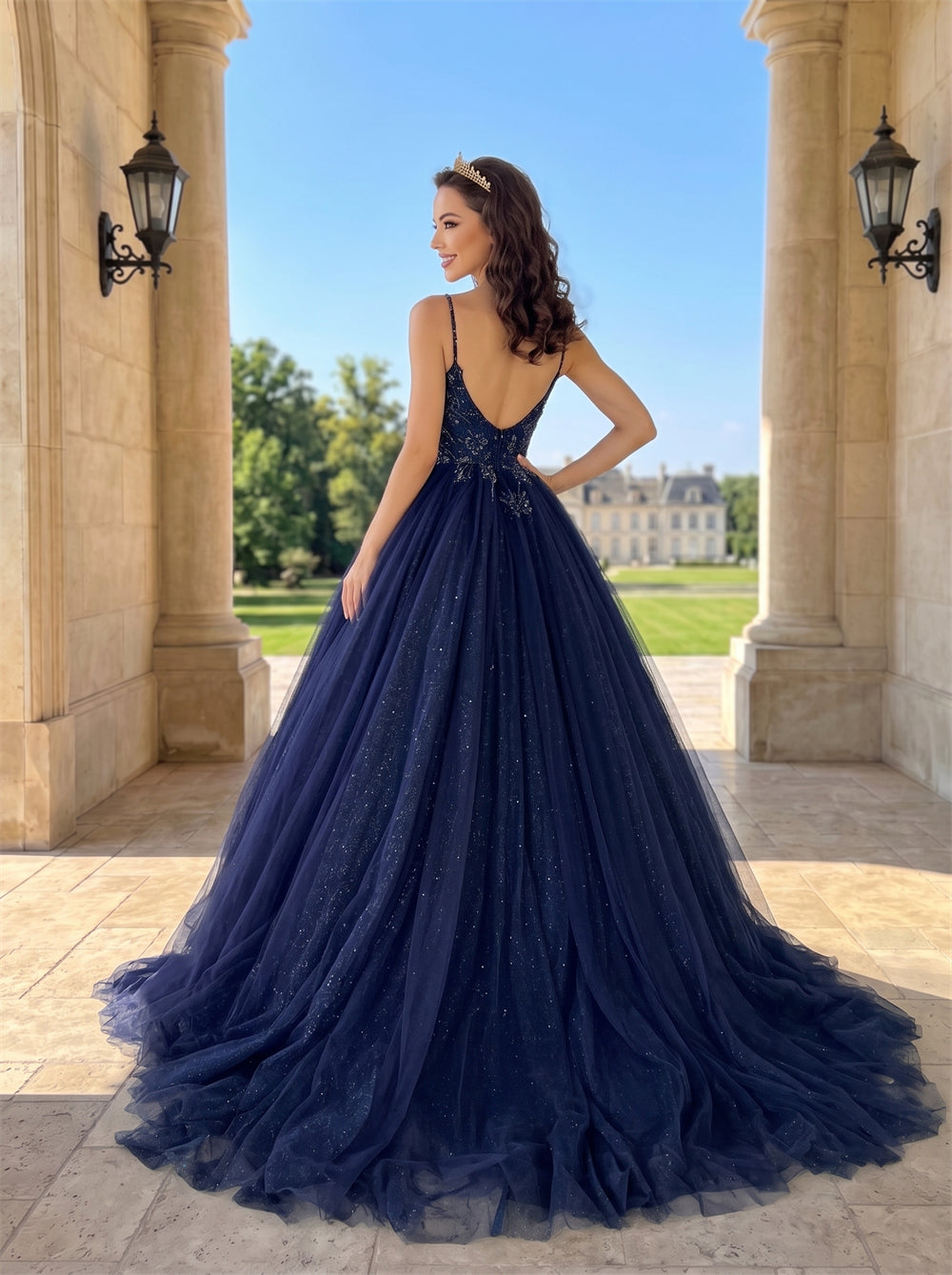 Thin Spaghetti Strap V Neck Crystal Beaded Glitter Tulle Ball Gown Prom Dress
