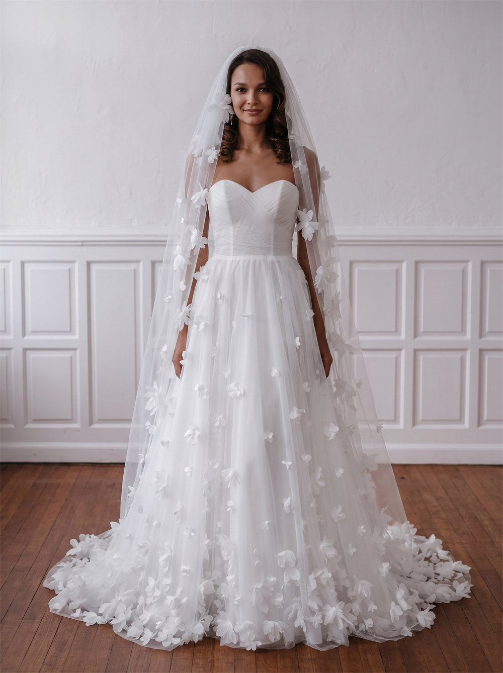 Strapless Ruched 3D Floral Tulle Wedding Dress Matching Floral Bridal Veil Soft Romantic Bridal Gown