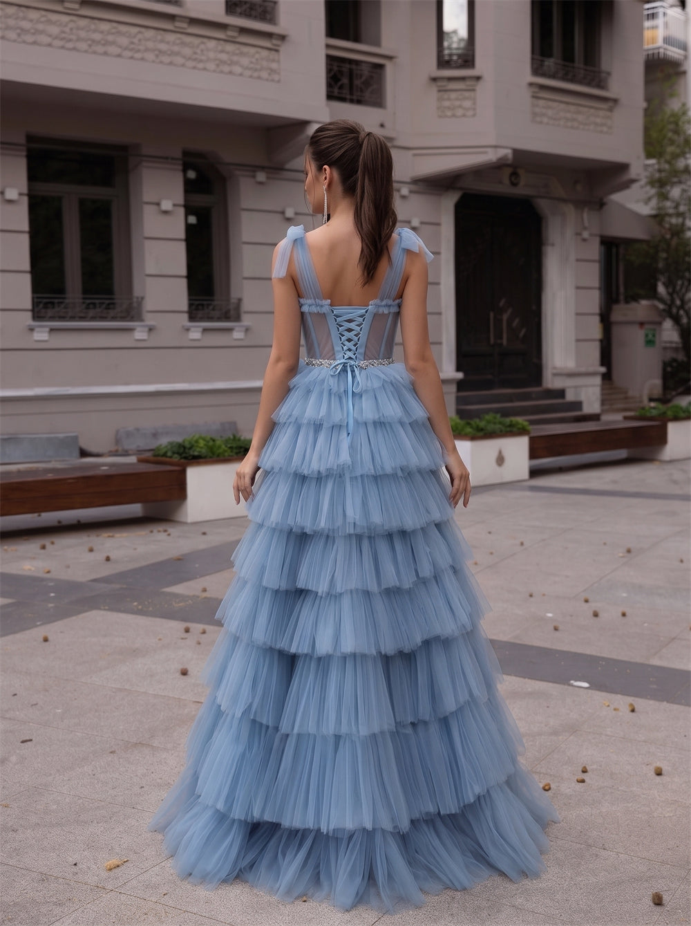 Bow Spaghetti Strap Dusty Blue Tiered Tulle Prom Dress Corset Back Rhinestone Waist Evening Gown