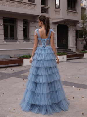 Bow Spaghetti Strap Dusty Blue Tiered Tulle Prom Dress Corset Back Rhinestone Waist Evening Gown