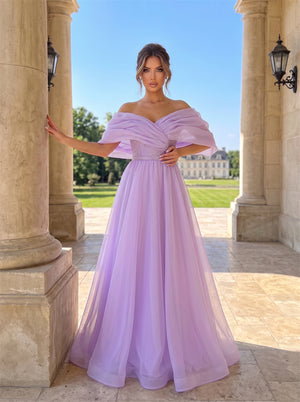 Off Shoulder Draped Organza Glitter Waistband A Line Formal Dress Prom Dress