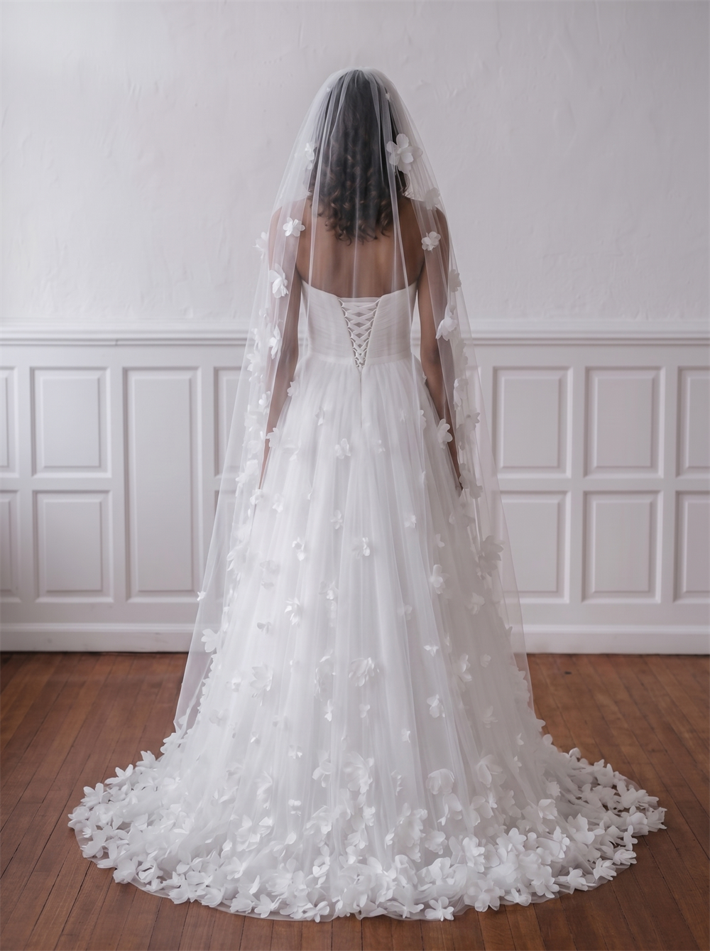 Strapless Ruched 3D Floral Tulle Wedding Dress Matching Floral Bridal Veil Soft Romantic Bridal Gown