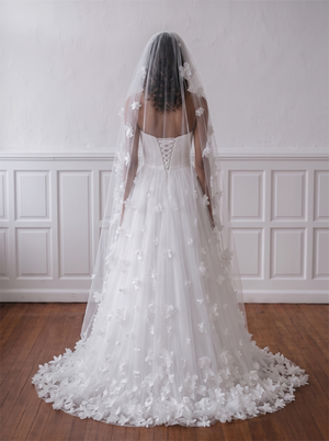 Strapless Ruched 3D Floral Tulle Wedding Dress Matching Floral Bridal Veil Soft Romantic Bridal Gown